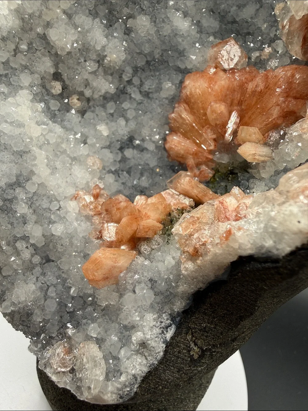 Peach Stilbite Cluster in Blue Chalcedony Geode Freeform Apophyllite & Epidote